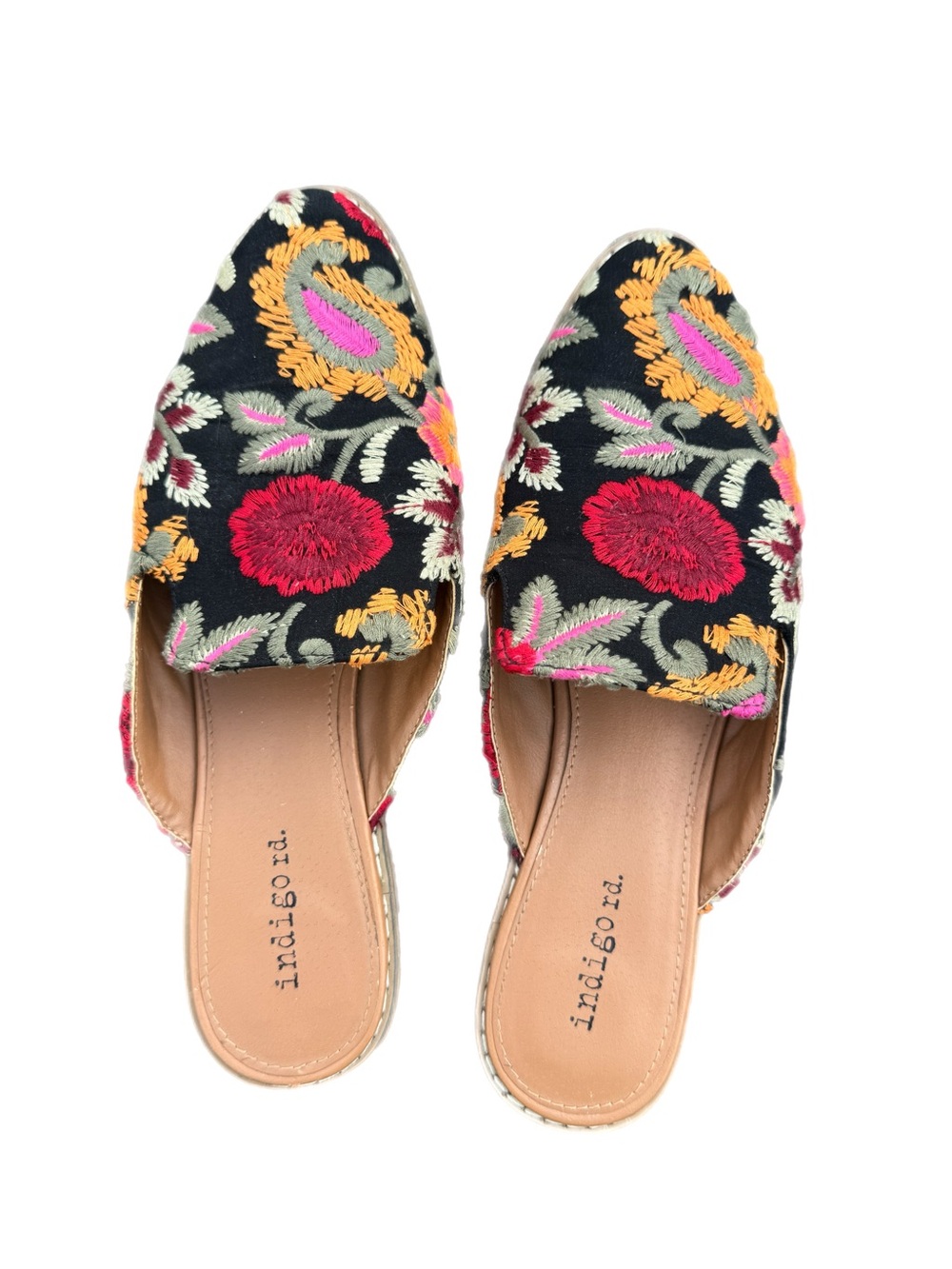Indigo Rd Black Vibrant Floral Embroidered Mule Slides Boho Woman Size 8
